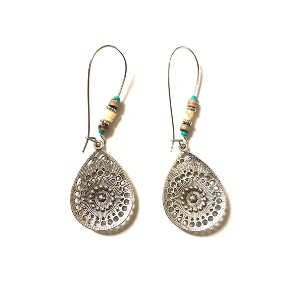 Vintage Style Blue Beige & Silver Tone Hoop Drop Earrings - Picture 3 of 4